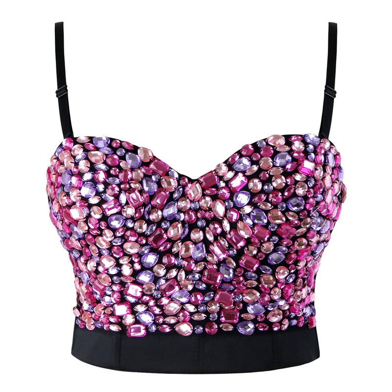 Charmian Women's Spaghetti Straps Colorful Rhinestone Push Up Bra Studded Gem Clubwear Party Bustier Bra Crop Top Pink Medium - Image 1